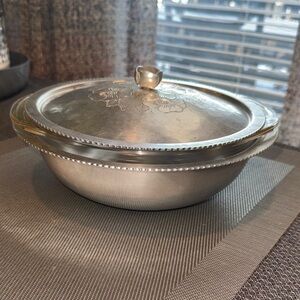 Hammered Aluminum Serving Bowl with Lid and 1 1/2 Qt Pyrex Casserole Dish